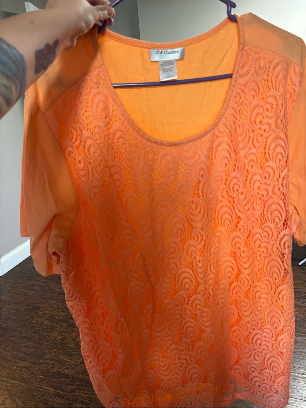 Peach Lace Front Short Sleeve Top
